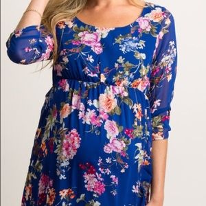 Pink Blush Blue Floral Chiffon Maternity Dress- S